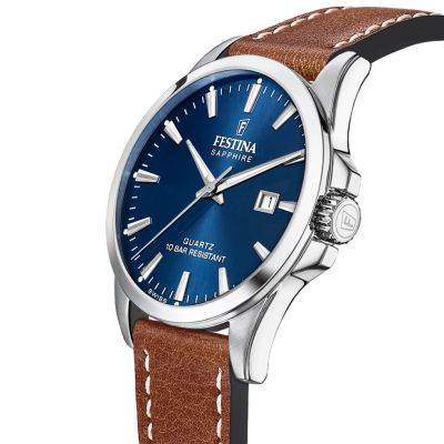 Festina Herren-Uhr Swiss Made Blau Analog Quarz Leder-Armband F20025/3