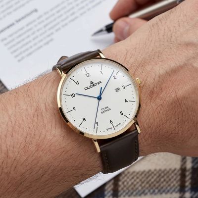 Dugena Herren-Uhr Stuttgart Quarz Titan Gold-Ton Leder-Band 4461216