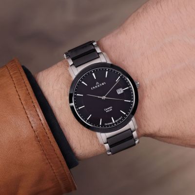 Dugena Herren-Uhr Solar Schwarz Analog Quarz Keramik-Armband 4461005