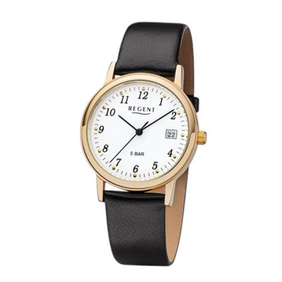 Regent Herren-Uhr Analog Quartz Lederband Schwarz Goldton F-790