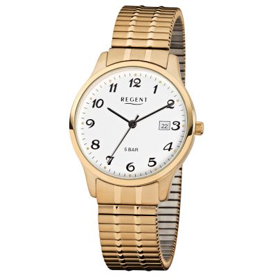 Regent F-876 Herren-Uhr Analog Quarz mit Zug-Armband IP Gold Ø 36 mm