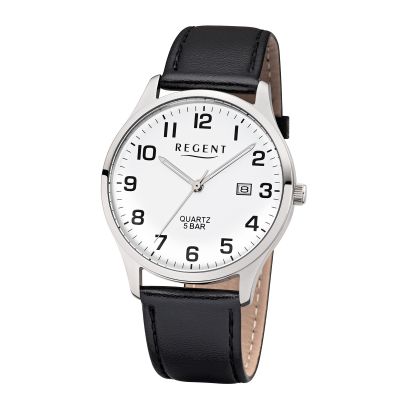 Regent Herren-Uhr Analog Quarz Leder-Armband Schwarz Silber-Ton F-1241
