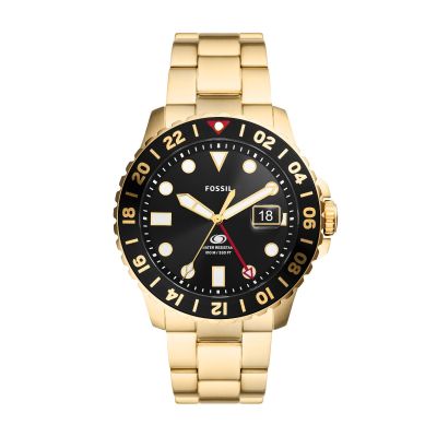 Fossil FS5990 Herren-Uhr Blue GMT Analog Quarz Edelstahl-Band Gold-Ton Ø 46 mm