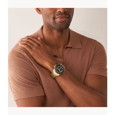 Fossil FS5990 Herren-Uhr Blue GMT Analog Quarz Edelstahl-Band Gold-Ton Ø 46 mm