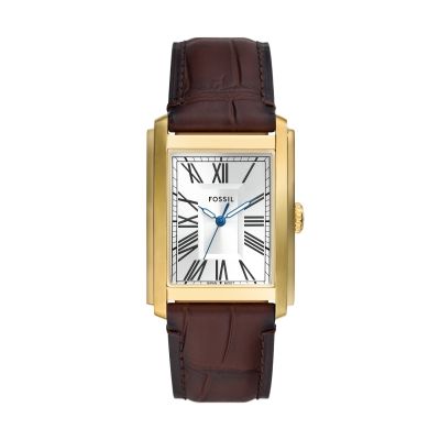 Fossil Herren-Uhr Carraway Analog Quarz Braun Leder-Band Gold-Ton FS6011