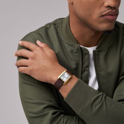 Fossil Herren-Uhr Carraway Analog Quarz Braun Leder-Band Gold-Ton FS6011