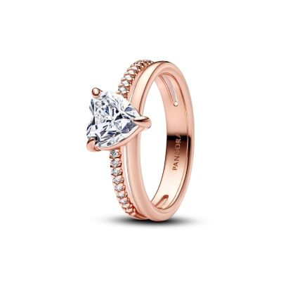 Pandora Ring Damen Doppelband Herz Zirkonia Rosévergoldet 183100C01