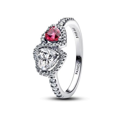 Pandora Ring Damen Strahlenkranz Zwei Herzen Rot Weiß Silber 193662C01