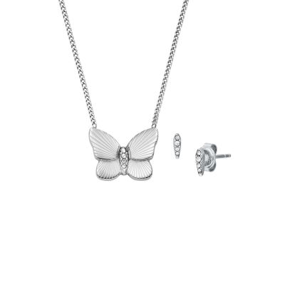 Fossil Schmuck-Set Halskette Ohrstecker Butterfly Edelstahl JF04935SET