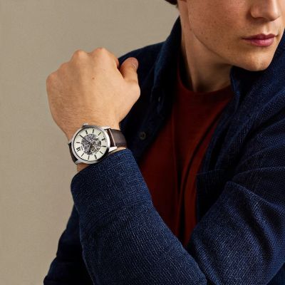 Fossil Herren-Uhr Townsman Analog Automatik Leder-Band Braun ME3299