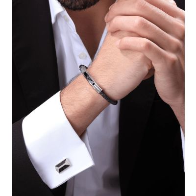 Police PEAGB0001102 Armband Herren Urban Texture Leder Edelstahl Schwarz 20 cm