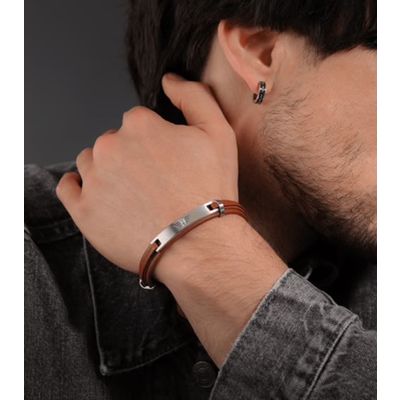 Police Armband Herren Looper Dunkelbraun Leder Edelstahl PEAGB0040802