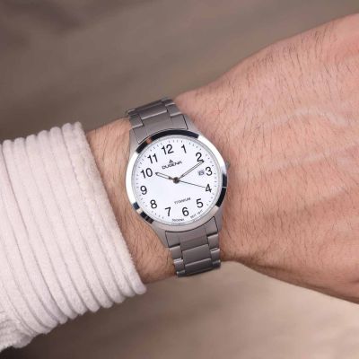 Dugena Herren-Uhr Semper Weiß Analog Quarz Titan-Armband 4460328