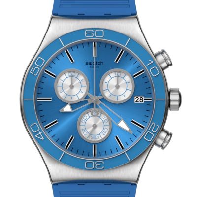 Swatch YVS485 Herren-Uhr Blue Is All Chronograph Quarz Kautschuk-Band Ø 43 mm