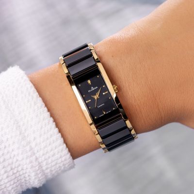 Dugena Damen-Uhr Quadra Schwarz Quarz Keramik-Band Gold-Ton 4460591