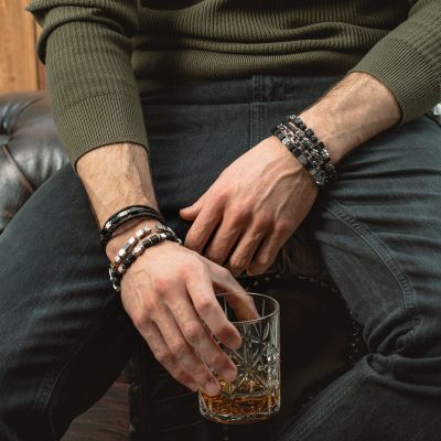 Coeur de Lion Armband Herren Gun Metal Spikes Cubes Leder 0920/30-1317