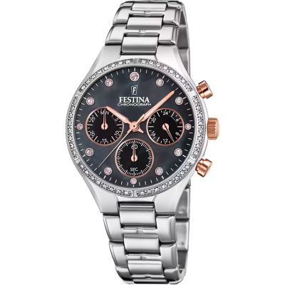 Festina F20401/4 Damen-Uhr Boyfriend Zirkonia Chronograph Quarz Edelstahl-Band