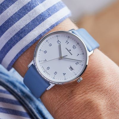 Junghans Damen-Uhr Form Blau Analog Quarz Leder-Armband 47/4456.00