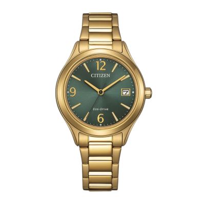 Citizen Damen-Uhr Eco-Drive Grün Edelstahl-Armband Gold-Ton FE6122-64X