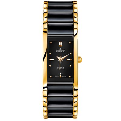 Dugena Damen-Uhr Quadra Schwarz Quarz Keramik-Band Gold-Ton 4460591