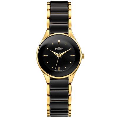 Dugena Damen-Uhr Amica Schwarz Quarz Keramik-Armband Gold-Ton 4460772
