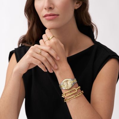 Fossil Damen-Uhr Scarlette Analog Quarz Edelstahl-Band Gold-Ton ES4949