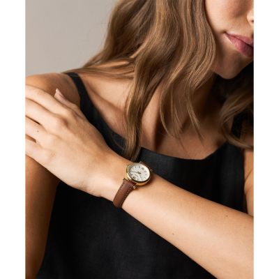 Fossil Damen-Uhr Carlie Mini Analog Quarz Leder-Armband 28 mm ES5464