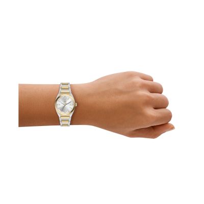 Fossil Damen-Uhr Everett Quarz Edelstahl-Band Silber-Gold-Ton ES5494