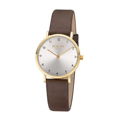 Regent Damen-Uhr Analog Quarz Leder-Armband Braun Gold-Ton F-1460