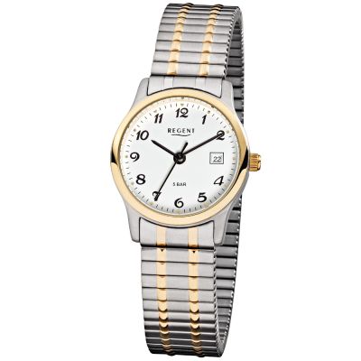 Regent F-887 Damen-Uhr Analog Quarz mit Zug-Armband Silber IP Gold Ø 27 mm