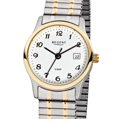 Regent F-887 Damen-Uhr Analog Quarz mit Zug-Armband Silber IP Gold Ø 27 mm