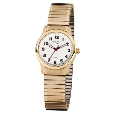 Regent F-896 Damen-Uhr Analog Quarz mit Zug-Armband IP-Gold Ø 28 mm