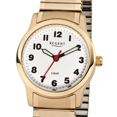 Regent F-896 Damen-Uhr Analog Quarz mit Zug-Armband IP-Gold Ø 28 mm