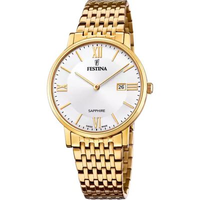 Festina F20020/1 Herren-Uhr Swiss Made Analog Quarz Edelstahl-Armband Gold