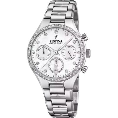 Festina F20401/1 Damen-Uhr Chronograph Quarz Perlmutt mit Edelstahl-Armband