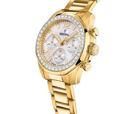 Festina Damen-Uhr Boyfriend Quarz Edelstahl-Band Gold-Ton F20609/1