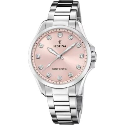 Festina Damen-Uhr Solar Energy Rosé Quarz Edelstahl-Armband F20654/2