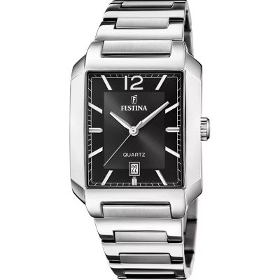 Festina Herren-Uhr Schwarz Analog Quarz Edelstahl-Band Silber F20677/4