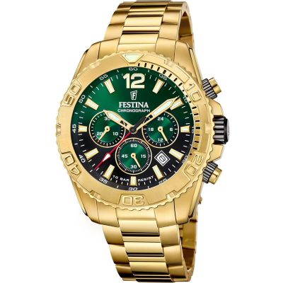 Festina Herren-Uhr Chrono Grün Quarz Edelstahl-Band Gold-Ton F20684/3
