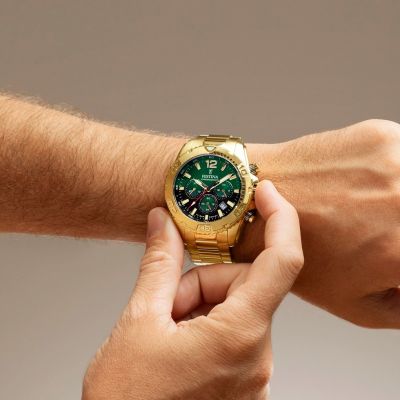 Festina Herren-Uhr Chrono Grün Quarz Edelstahl-Band Gold-Ton F20684/3
