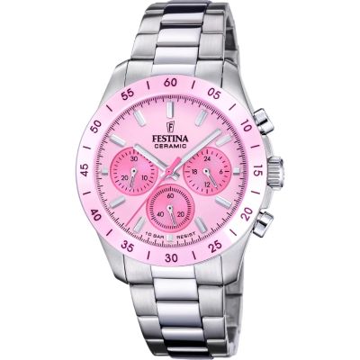Festina Damen-Uhr Chronograph Keramik Rosa Edelstahl-Band F20693/2