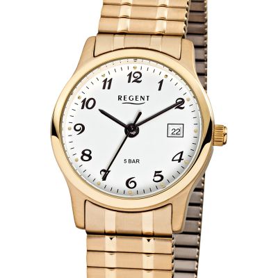 Regent F-886 Damen-Uhr Analog Quarz mit Zug-Armband IP Gold Ø 27 mm