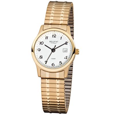 Regent F-886 Damen-Uhr Analog Quarz mit Zug-Armband IP Gold Ø 27 mm