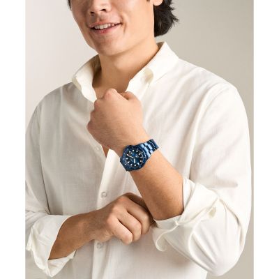 Fossil Herren-Uhr Blue Dive Marineblau Quarz Edelstahl-Band FS6166