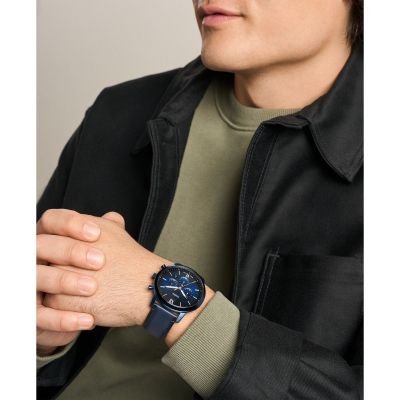 Fossil Herren-Uhr Neutra Blau Chronograph Quarz Leder-Armband FS6168