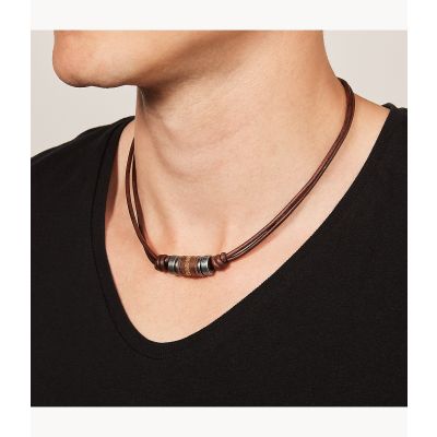 Fossil JF00899797 Halskette mit Anhänger Herren Rondell Leder Edelstahl