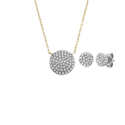 Fossil Set-Kette-Ohrringe Ellis Glitz Disc Edelstahl Gold JF04815SET