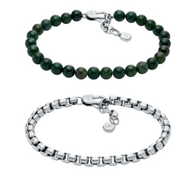 Fossil Armband-Set Herren Perlen Achat Grün und Edelstahl JF04940SET