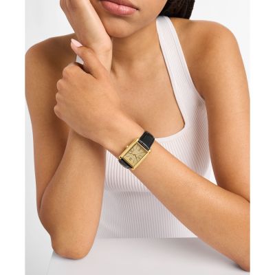 Michael Kors Damen-Uhr Essex Quarz Leder-Band Schwarz Goldton MK4965