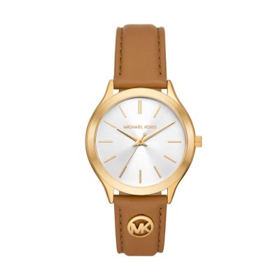 Michael Kors Damen-Uhr Slim Runway Quarz Leder-Band Goldton MK7543